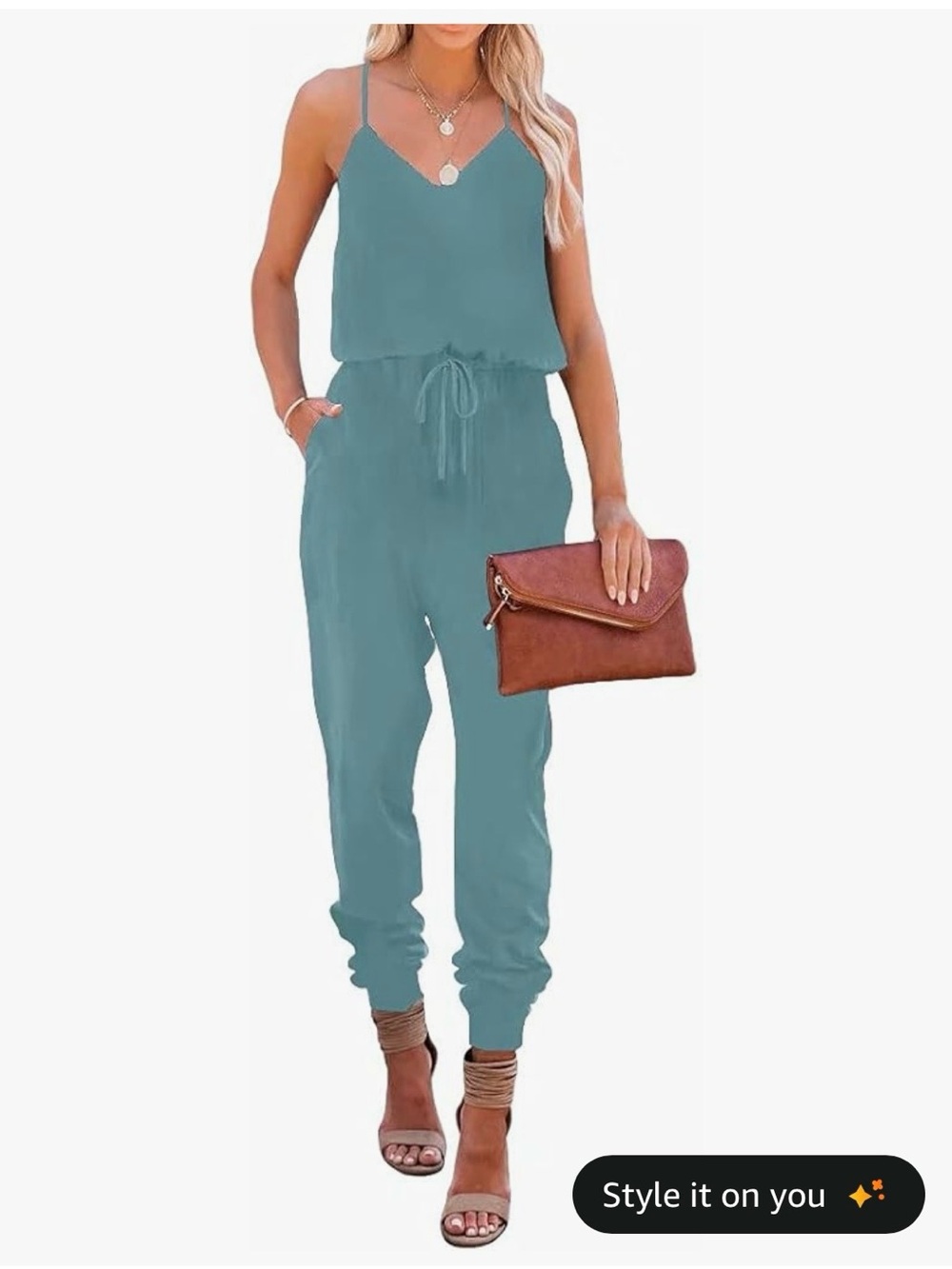 Lacozy Casual Jumpsuits Spaghetti Strap V Neck Drawstring Rompers Blue Green, S